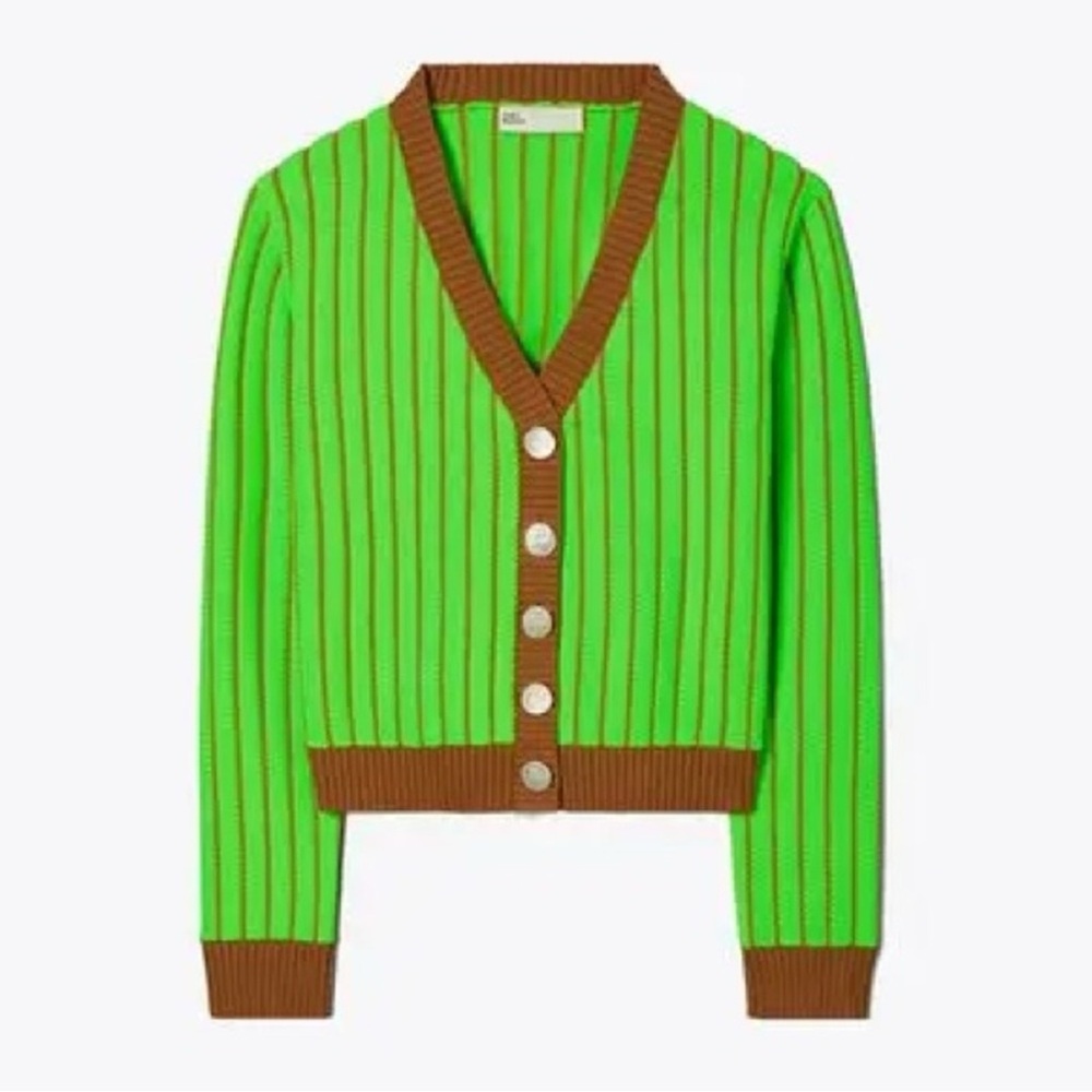 TORY BURCH Viscose Cardigan Vibrant Green Brown V-neck Lime Green Striped XL